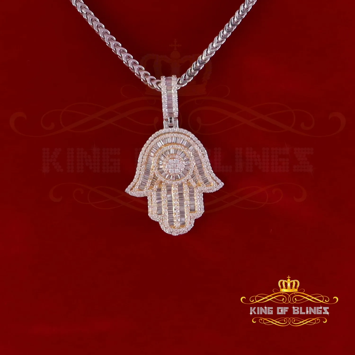 King Of Bling's 4.00ct VVS D Moissanite Baggutte Shape White Silver Hamsa Pendant Men & Women