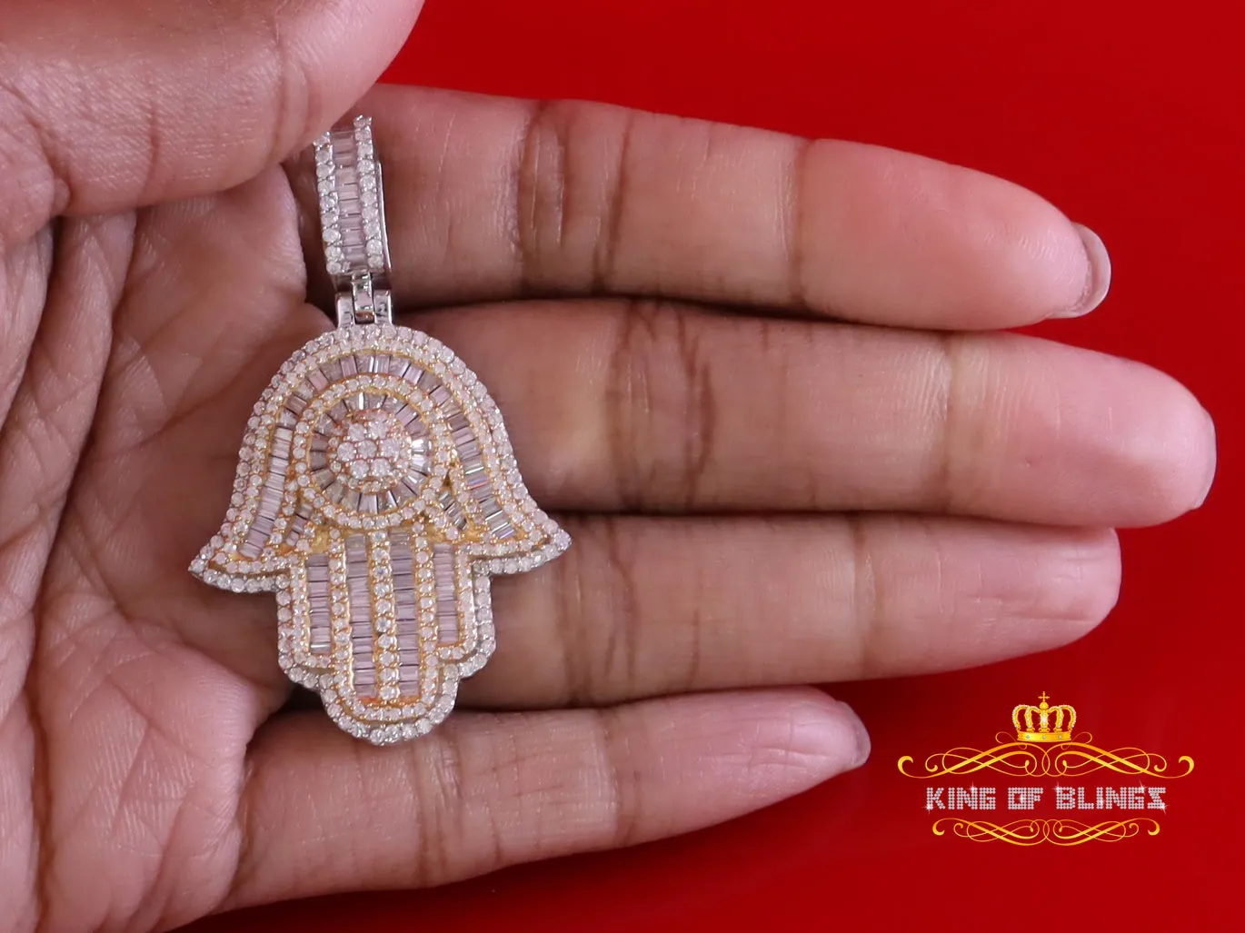 King Of Bling's 4.00ct VVS D Moissanite Baggutte Shape White Silver Hamsa Pendant Men & Women