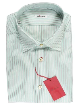 Kiton Dress Shirt White Green Aqua Stripes 38 - 15 REDUCED - SALE