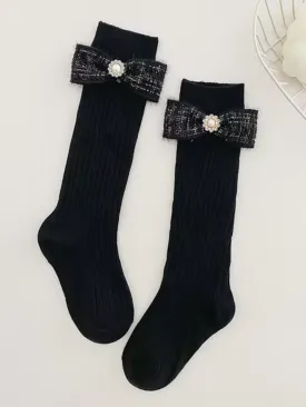 Knee-High Socks with Pearl-Embellished Bowknot