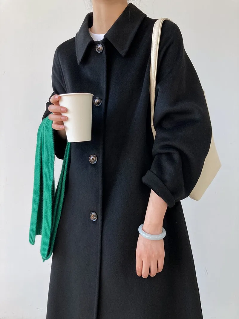 [Korean Style] 2 Color Cashmere Single Breasted A-line Woolen Coat No Lining