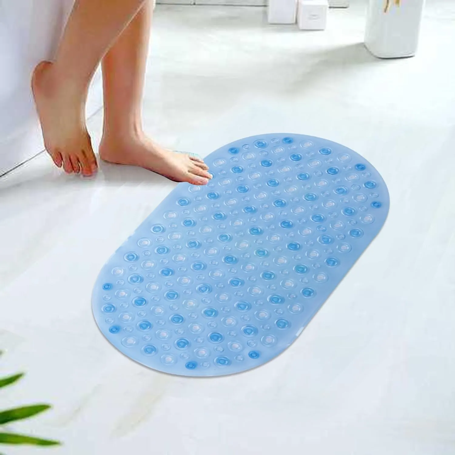 Kuber Industries Bath Mat | PVC Bathroom Mat | Shower Bath Mat | Floor Tub Mat | Bathroom Oval Mud Mat | Anti-Skid Shower Bathroom Mat | Q-01A |Pack of 5| Blue