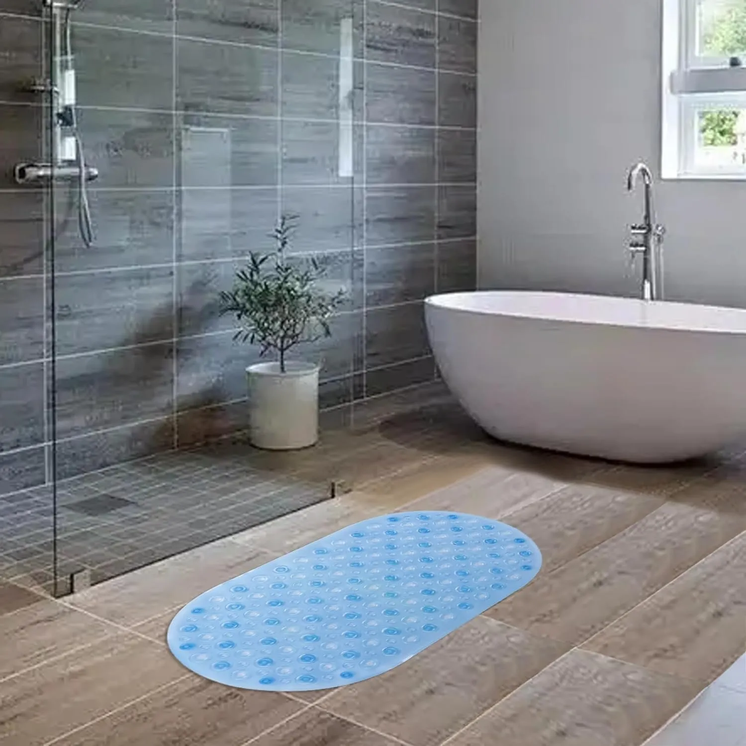 Kuber Industries Bath Mat | PVC Bathroom Mat | Shower Bath Mat | Floor Tub Mat | Bathroom Oval Mud Mat | Anti-Skid Shower Bathroom Mat | Q-01A |Pack of 5| Blue