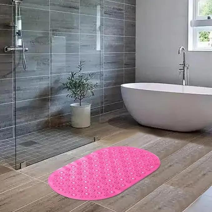 Kuber Industries Bath Mat | PVC Bathroom Mat | Shower Bath Mat | Floor Tub Mat | Bathroom Oval Mud Mat | Anti-Skid Shower Bathroom Mat | Q-02C |Pack of 4| Rose Red