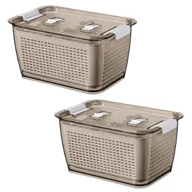 Kuber Industries Small Refrigerator Storage Crisper with Lid & Detachable Hollow Basket-Pack of 2 (Brown)