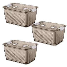 Kuber Industries Small Refrigerator Storage Crisper with Lid & Detachable Hollow Basket-Pack of 3 (Brown)