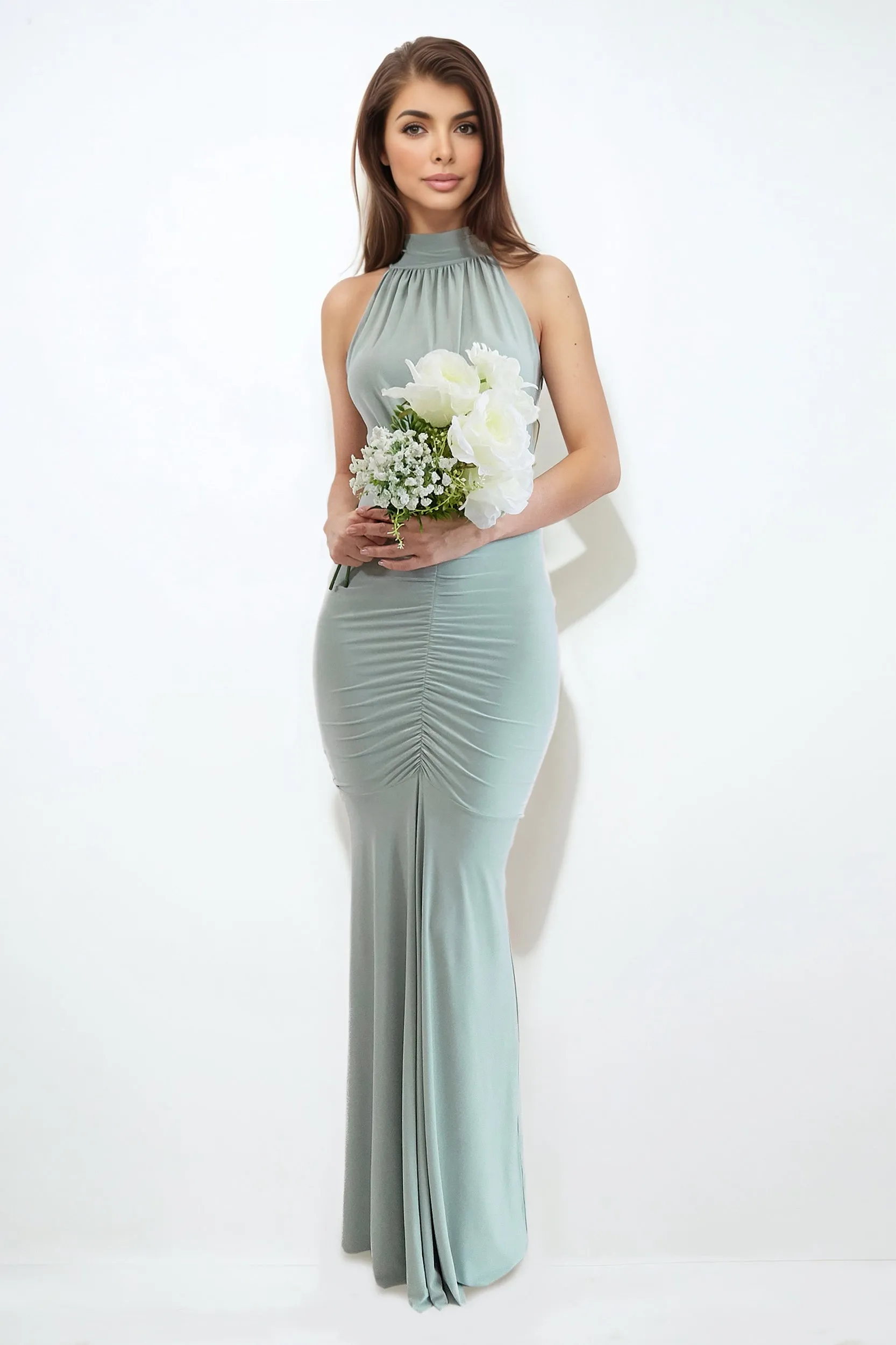 KYRA SAGE GREEN HALTER NECK BRIDESMAIDS MAXI DRESS