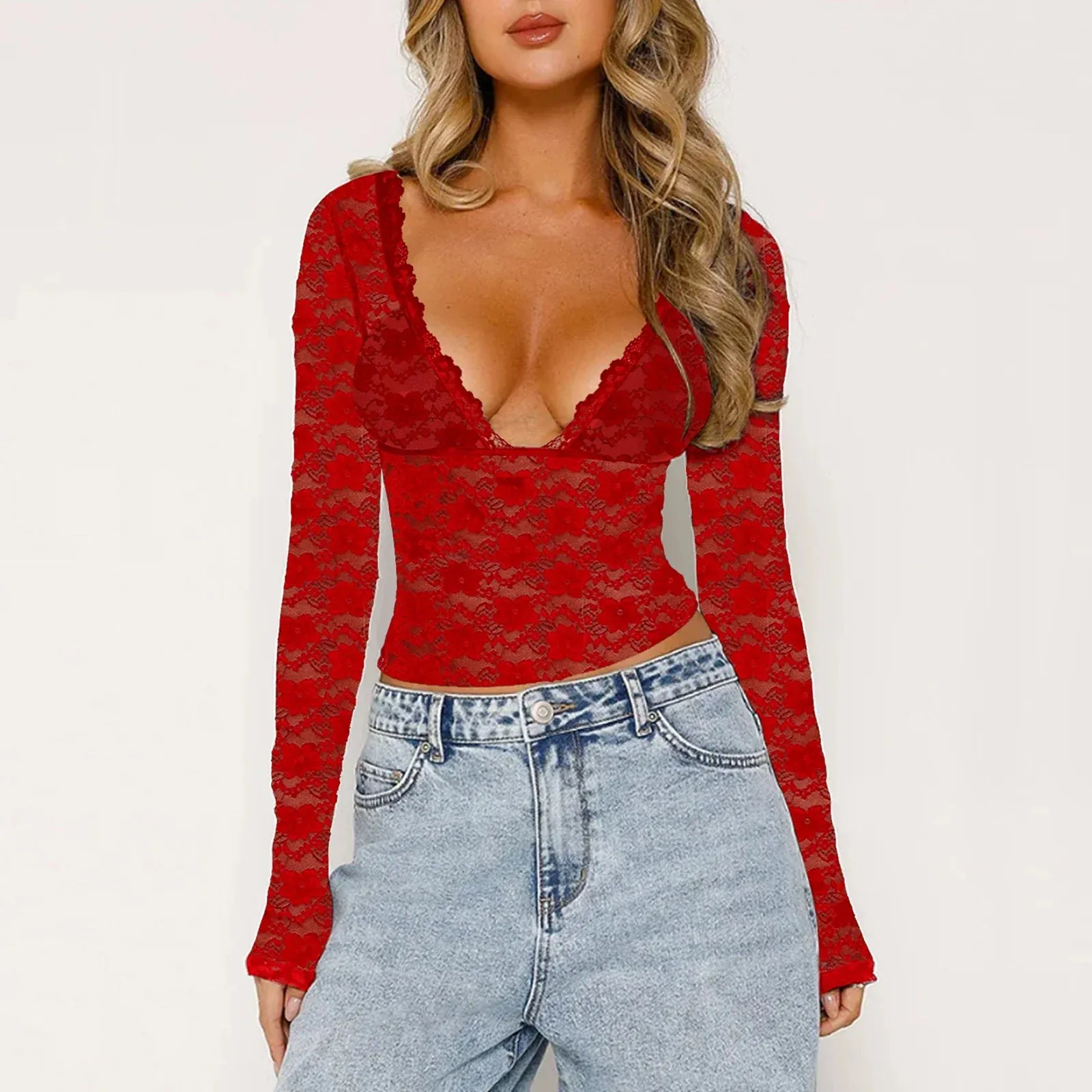 Lace Sheer Mesh Crop Fashion Hot Sale V-neck Long Sleeve Going Out Tee Party Clubwear Sexy T-shirt