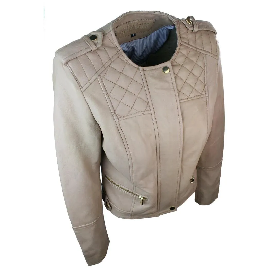 Ladies Cream Biker Style Fitted Real Lambskin Leather Jacket