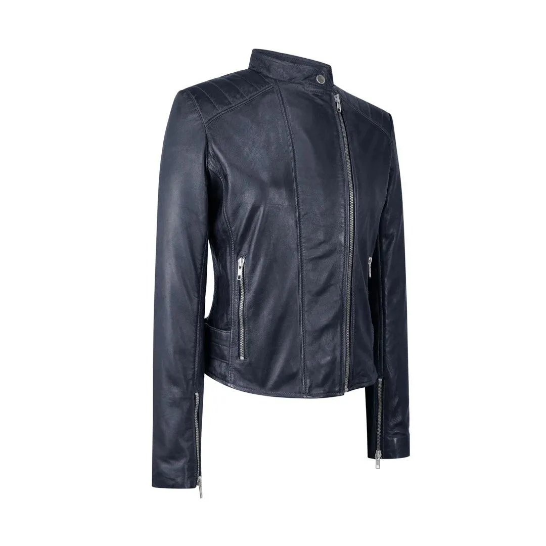 Ladies Real Leather Jacket Cross Zip Brando Nehru Collarless Soft Slim Fit