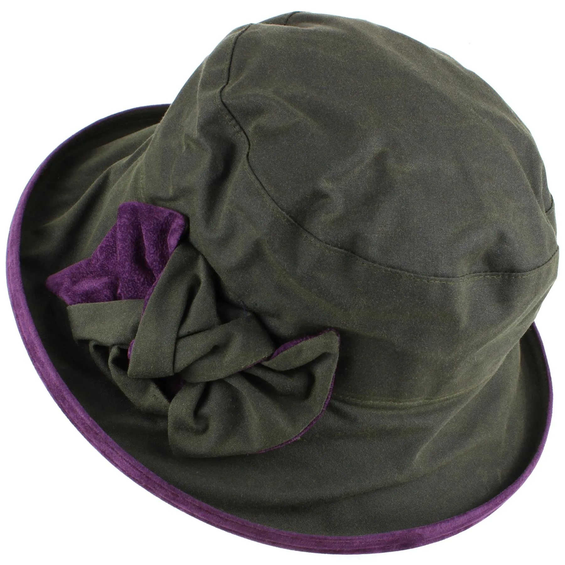 Ladies Waterproof Wax Cloche Hat with Suedette Brim and Bow - Green & Blackcurrant