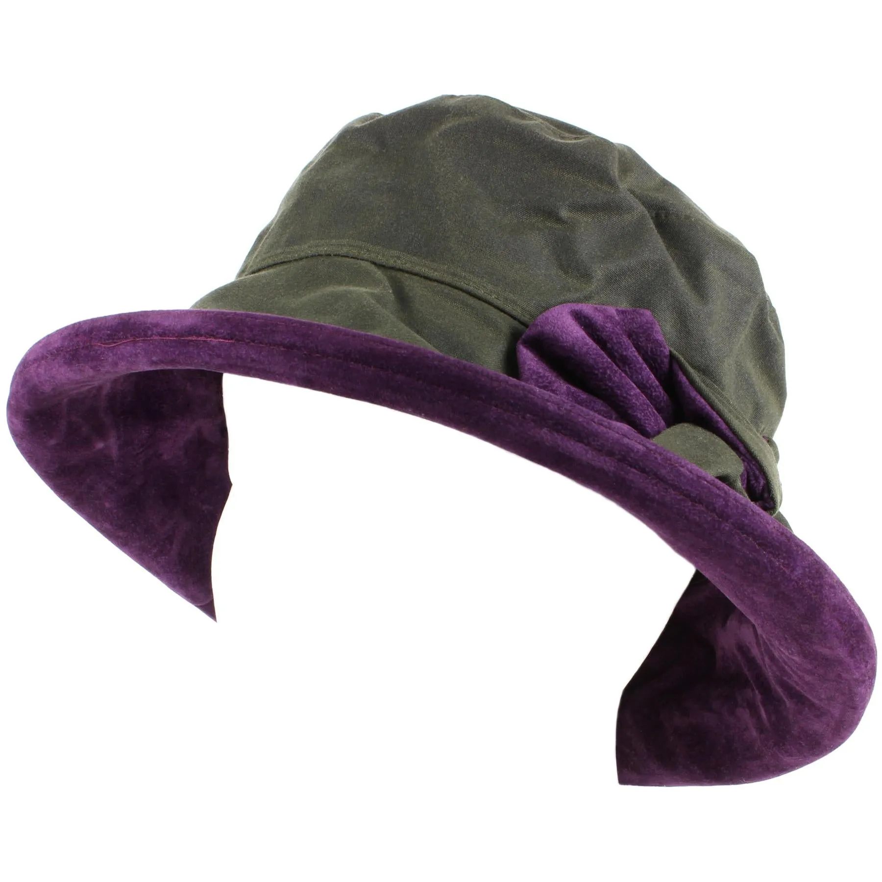 Ladies Waterproof Wax Cloche Hat with Suedette Brim and Bow - Green & Blackcurrant