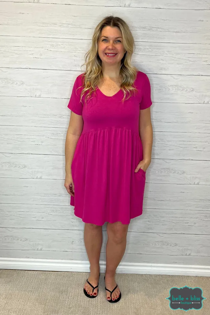 Laney Short Sleeve Babydoll Dress with Pockets - Fuchsia