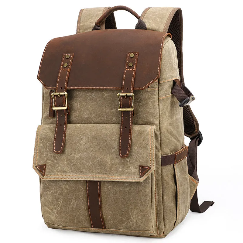 Large Storage SLR Camera Leather Canvas Backpack K001