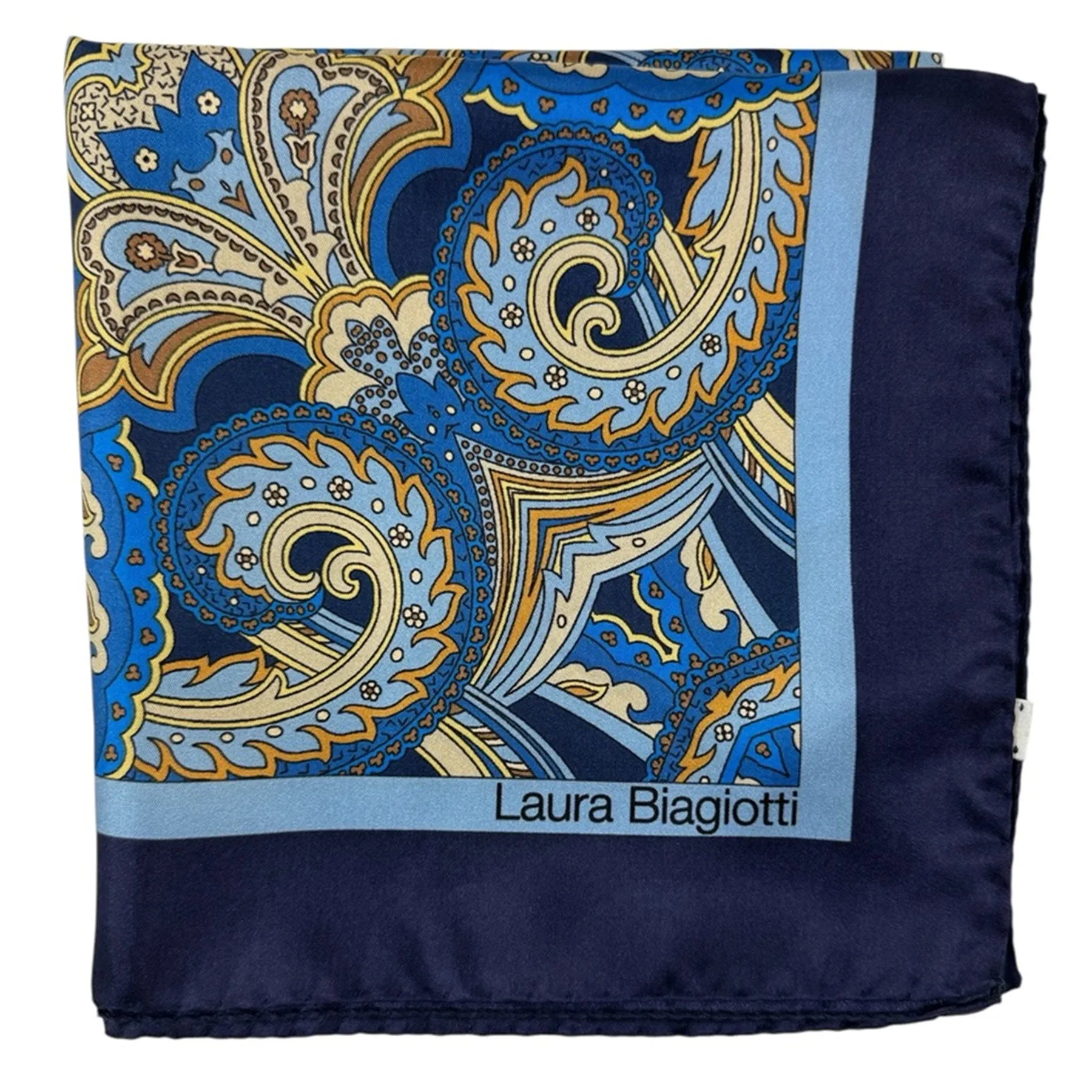 Laura Biagiotti Silk Scarf Navy Blue Brown Ornamental - Square Foulard - Made In Italy