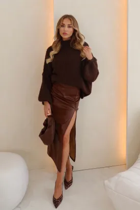 Lauren chocolate pu leather midi skirt