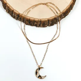 Layered Herringbone Chain Necklace in Gold Tone with Moon Pendant in White Animal Print