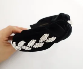 leaf rhinestone embellished  knotted hairband luxury black velvet dazzling womens headband