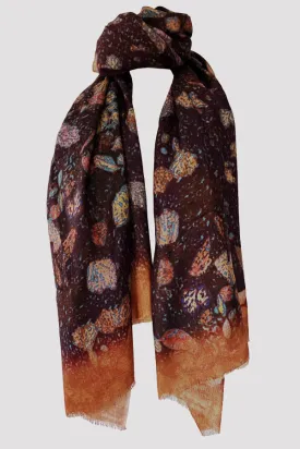 Leafy Path Brown Wool Silk Scarf