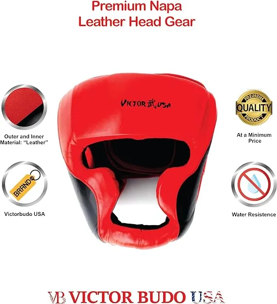 LEATHER BOXING HEADGEAR MMA SPARRING KICKBOXING RED-BLACK