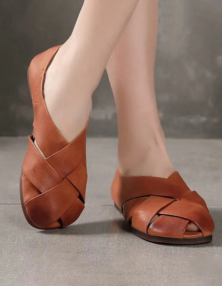 Leather Cross Straps Flat Sandals