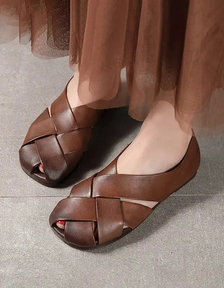 Leather Cross Straps Flat Sandals