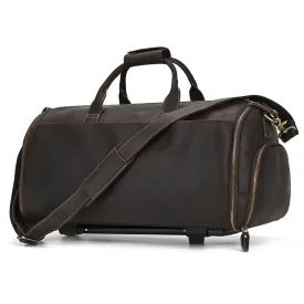 Leather Rolling Garment Bag, Garment Duffle Bag with Wheels for Travel,Convertible Garment Bag with Shoe Compartment