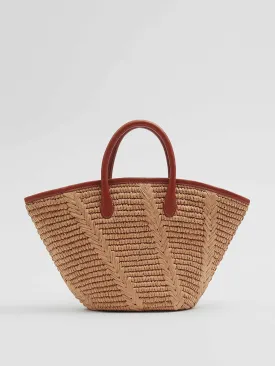 Leather trimmed straw tote bag