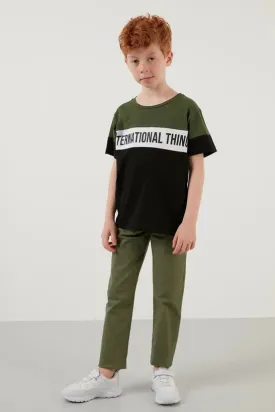 Lela Boy's Khaki Color Block Crew Neck Cotton T-Shirt