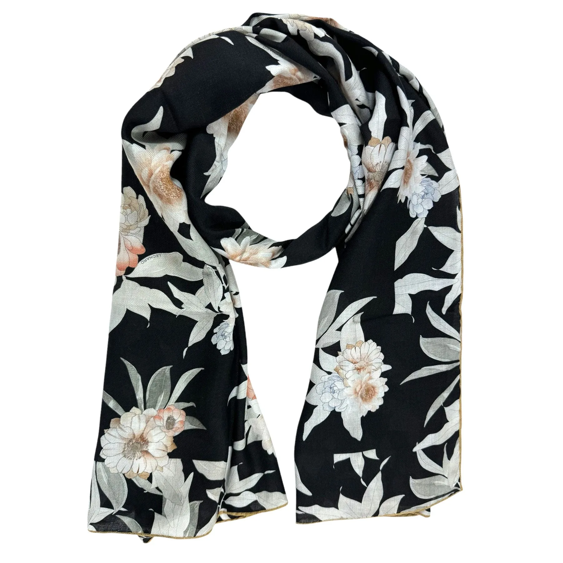 Leonard Paris Scarf Black Pink Floral Design - Luxury Cashmere Silk Shawl