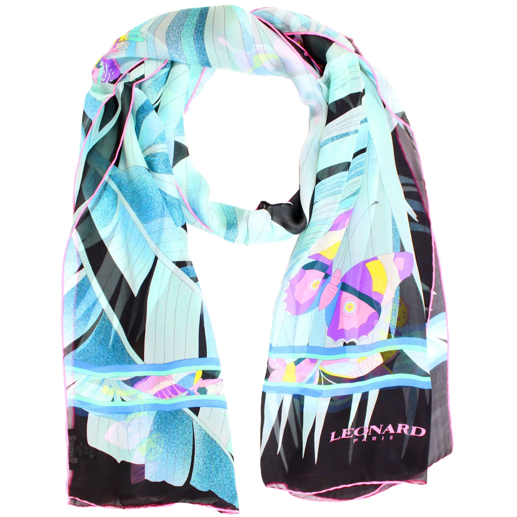 Leonard Paris Scarf Black Turquoise Purple Butterfly - Chiffon Silk Shawl