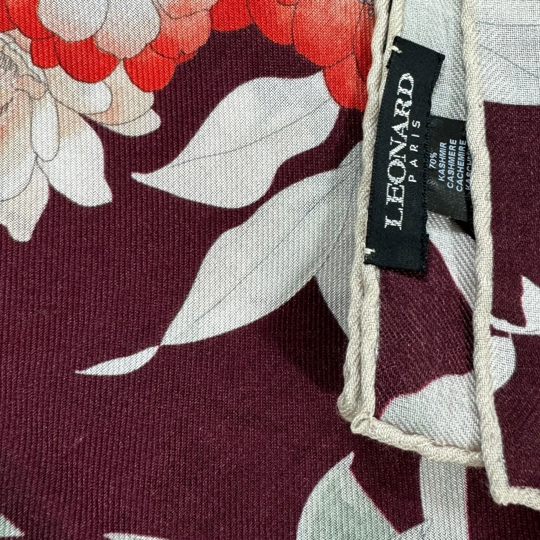 Leonard Paris Scarf Maroon Floral Design - Luxury Cashmere/ Silk Shawl