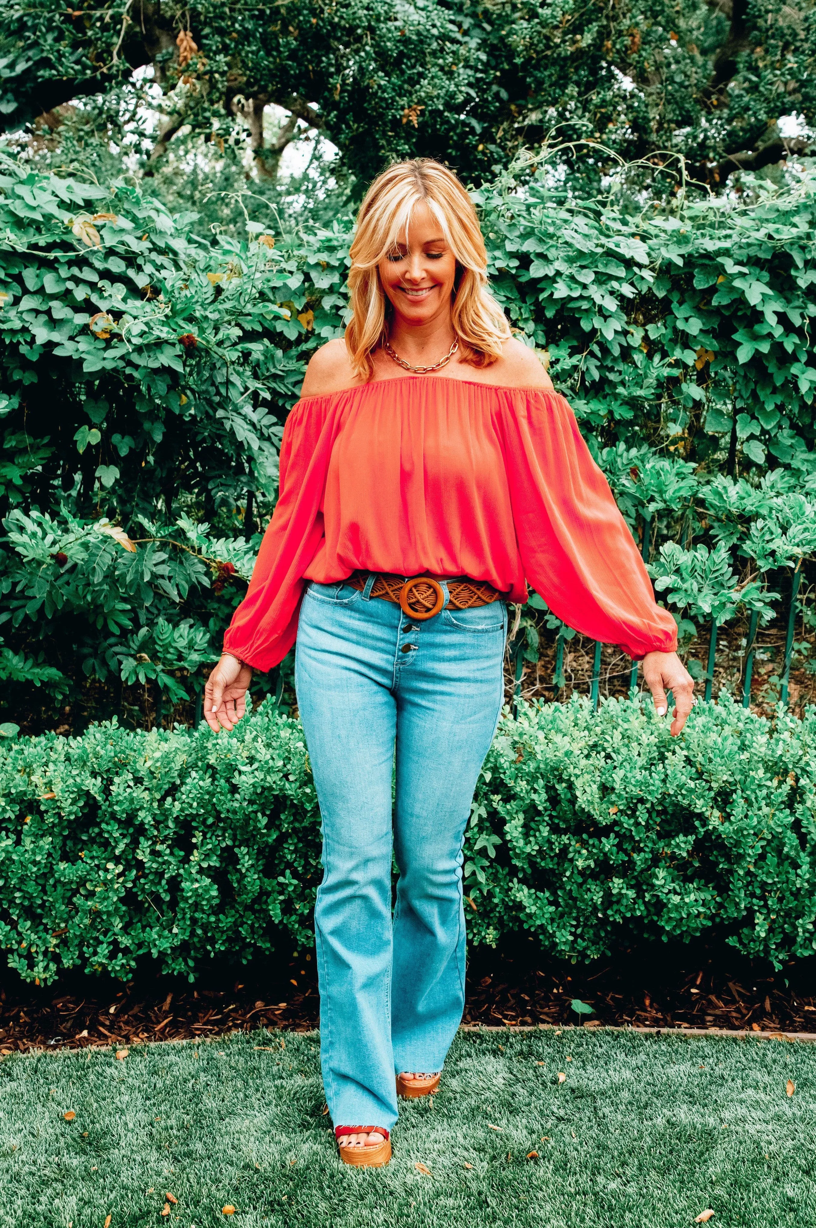 Let's Get Tropical Off the Shoulder Top Coral