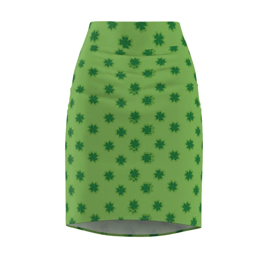 Light Green Clover Pencil Skirt, Best Irish Lucky Clover Leaf Print St. Patrick's Day Women's Pencil Skirt- Made in USA