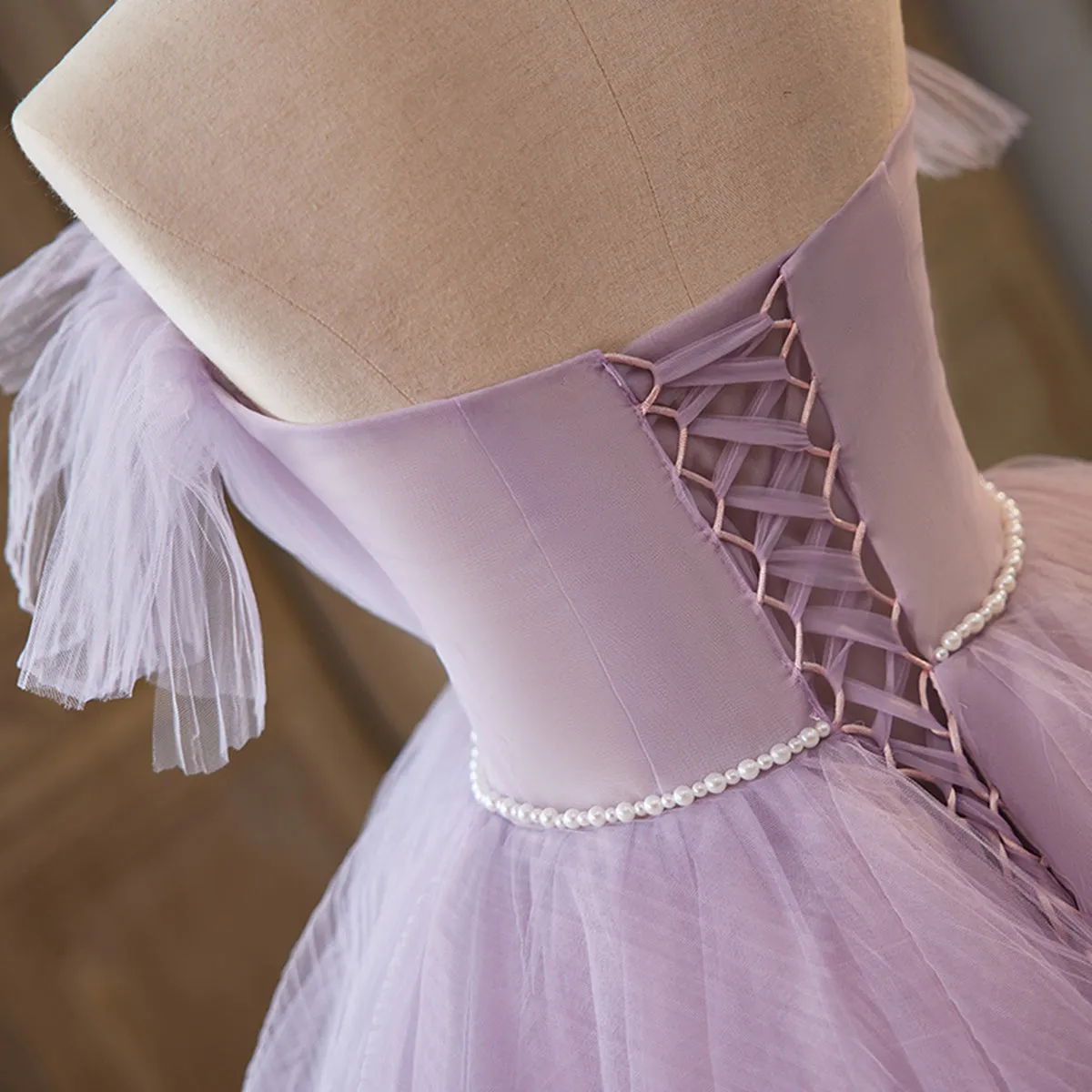 Light Purple Tulle Ball Gown Long Sweet 16 Dress, Off Shoulder Light Purple Formal Dress