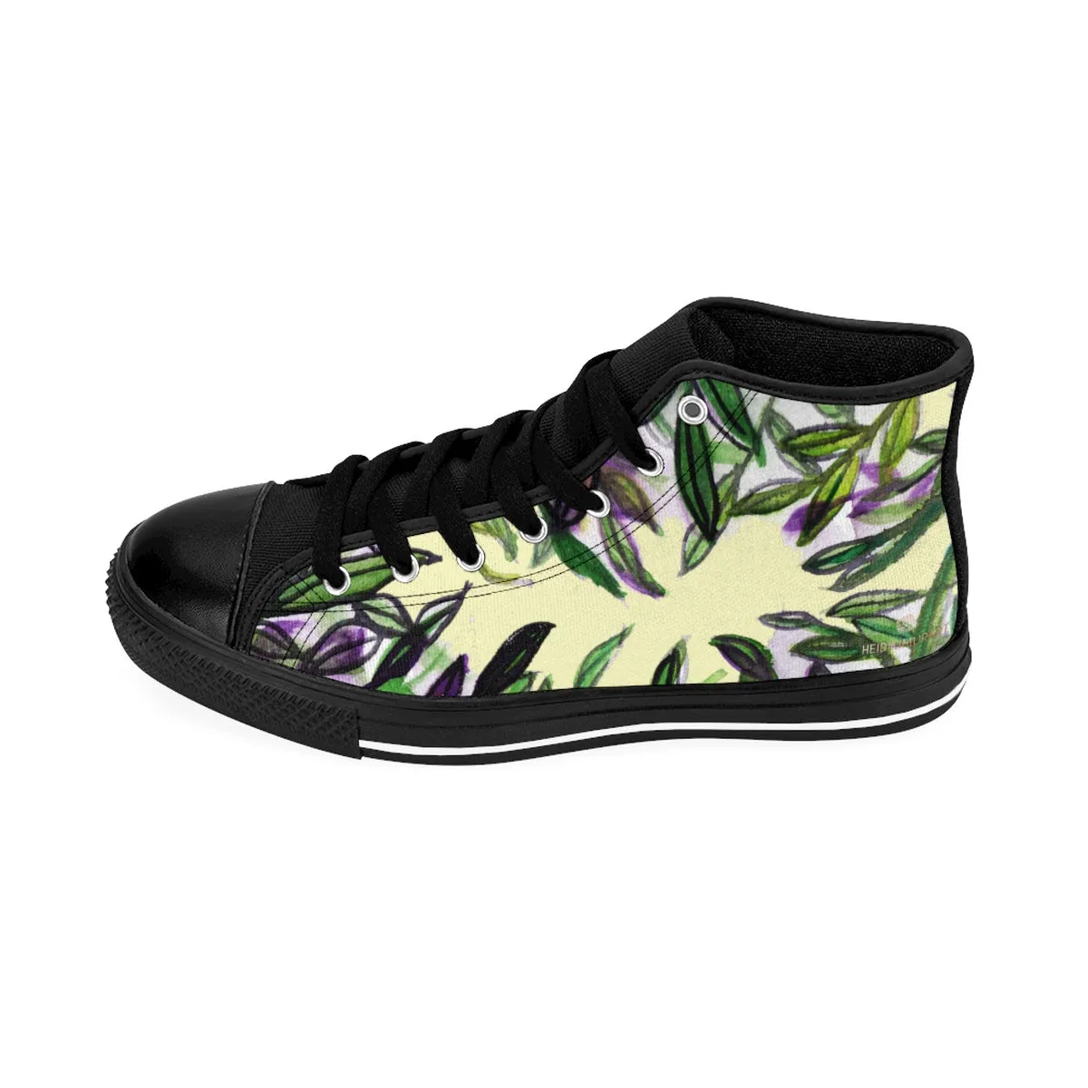 Light Yellow Tropical Men's Sneakers, Green Tropical Leaf Print High-top Sneakers Tennis Shoes