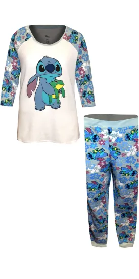 Lilo and Stitch Tropical Flowers Junior Cut Blue Thermal Waffle Pajama Set