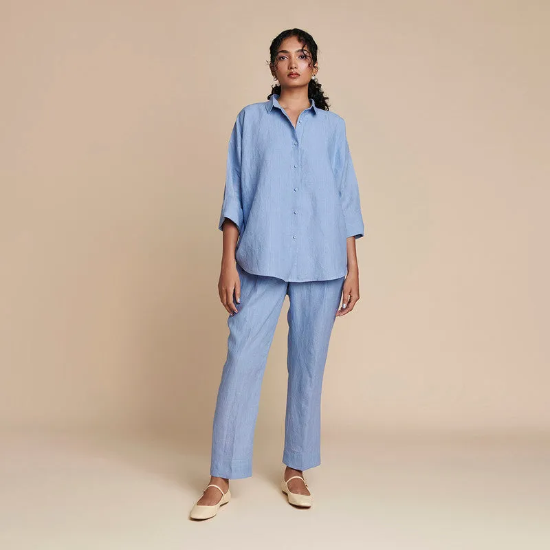 Linen Blue Co Ord Set | Oversized | Flared Shirt