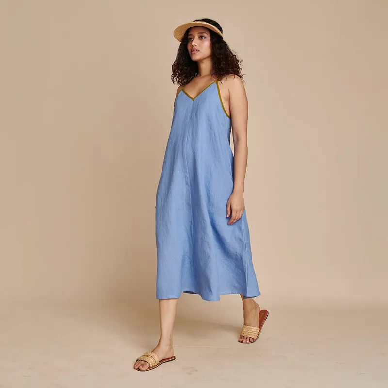 Linen Blue Midi Dress | Adjustable Strap