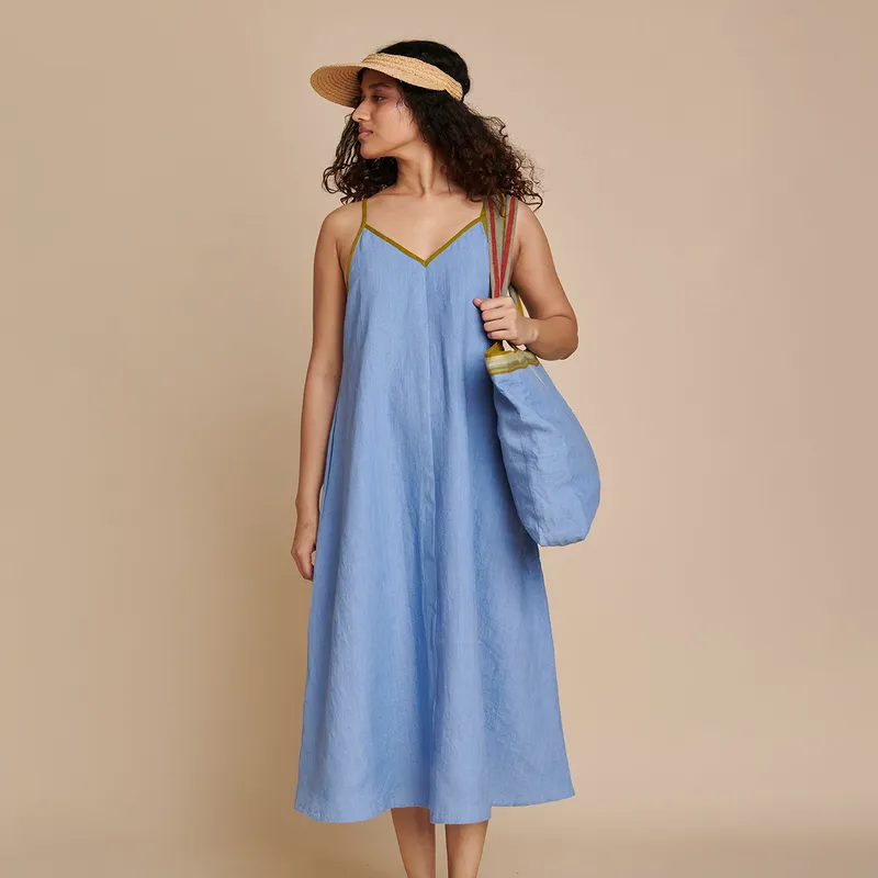 Linen Blue Midi Dress | Adjustable Strap