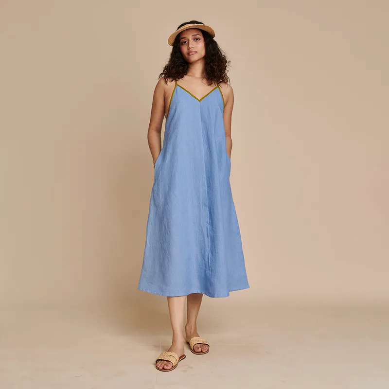 Linen Blue Midi Dress | Adjustable Strap