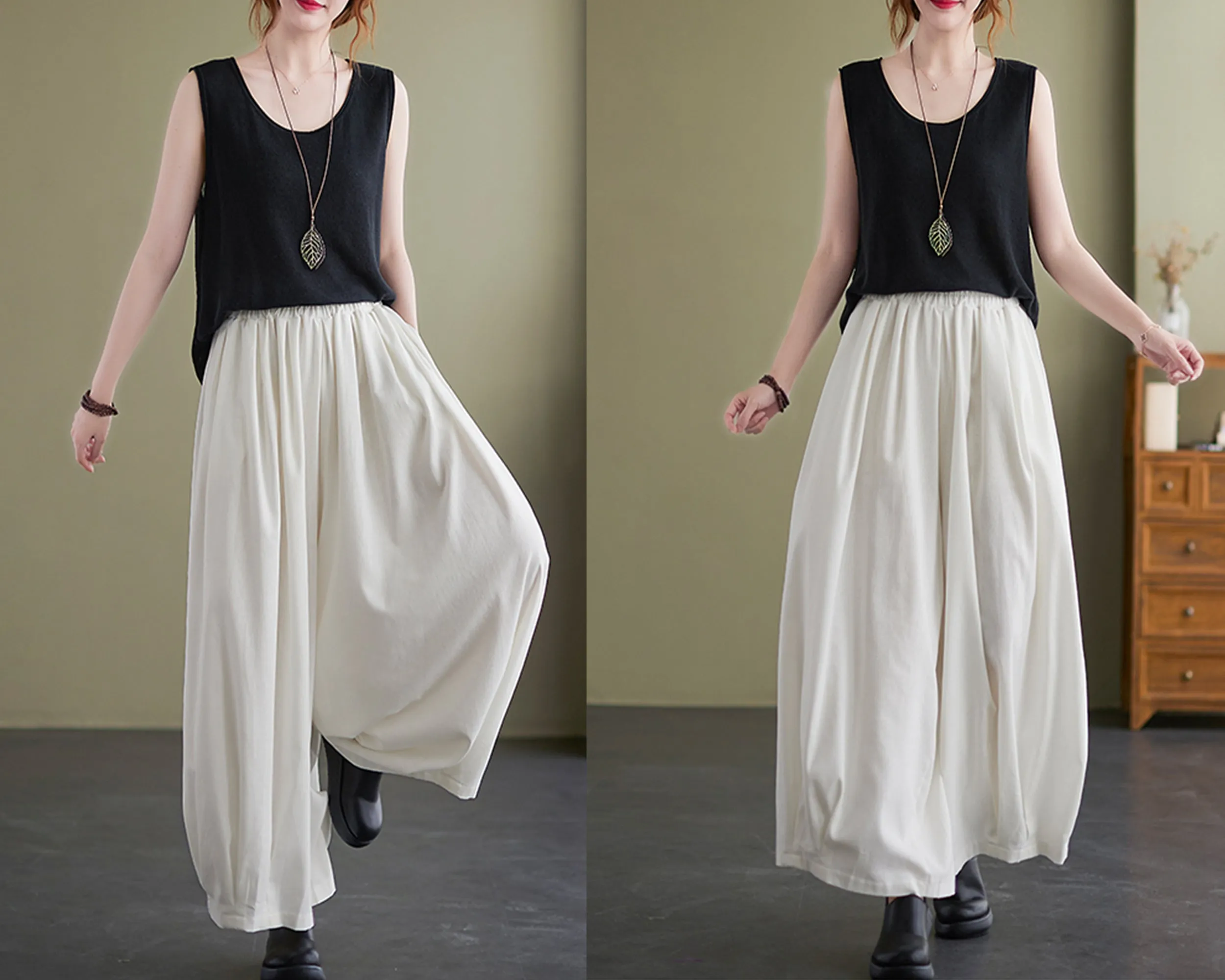 Linen skirt pants, ankle length pants, Wide leg pants, black skirt pants, cotton pants, custom made, green pants (K2249)