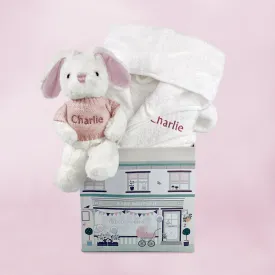 Little Bunny and Bathrobe Hamper, Pink - 1-2 Years with White Personalised Bathrobe