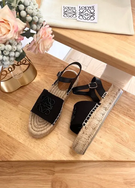 Loew Anagram Black Beige Leather And Canvas Espadrille Sandals