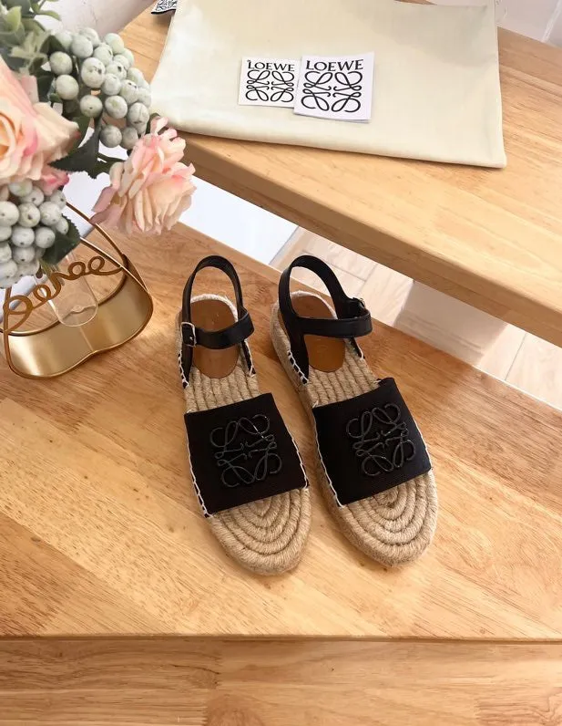 Loew Anagram Black Beige Leather And Canvas Espadrille Sandals