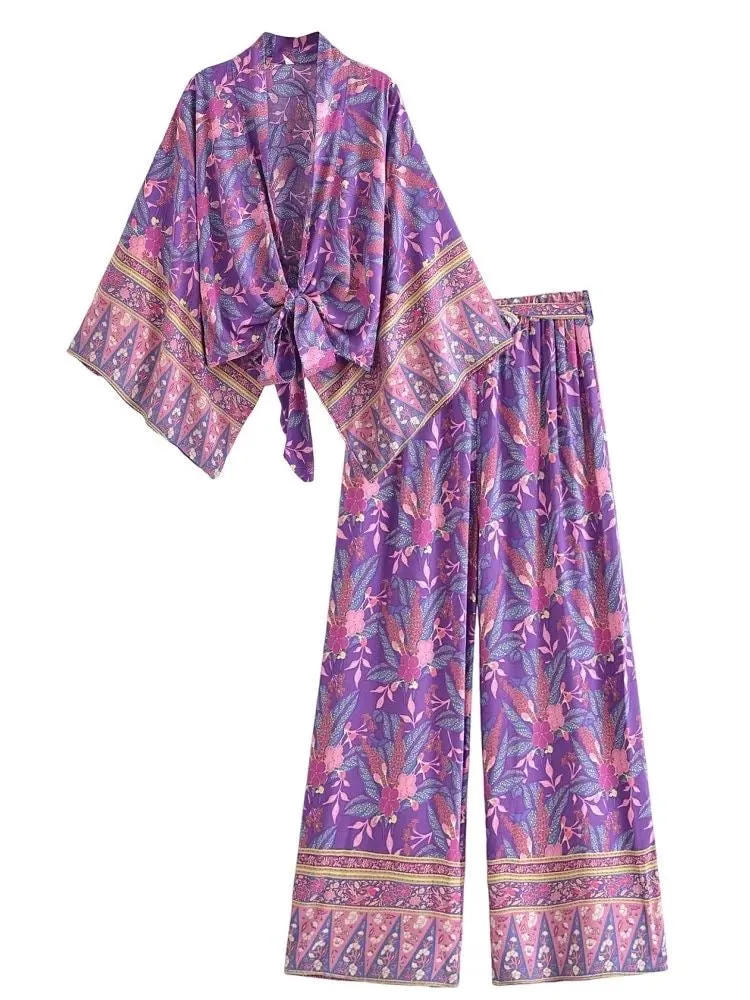 Long Flare Pants Purple Flowers