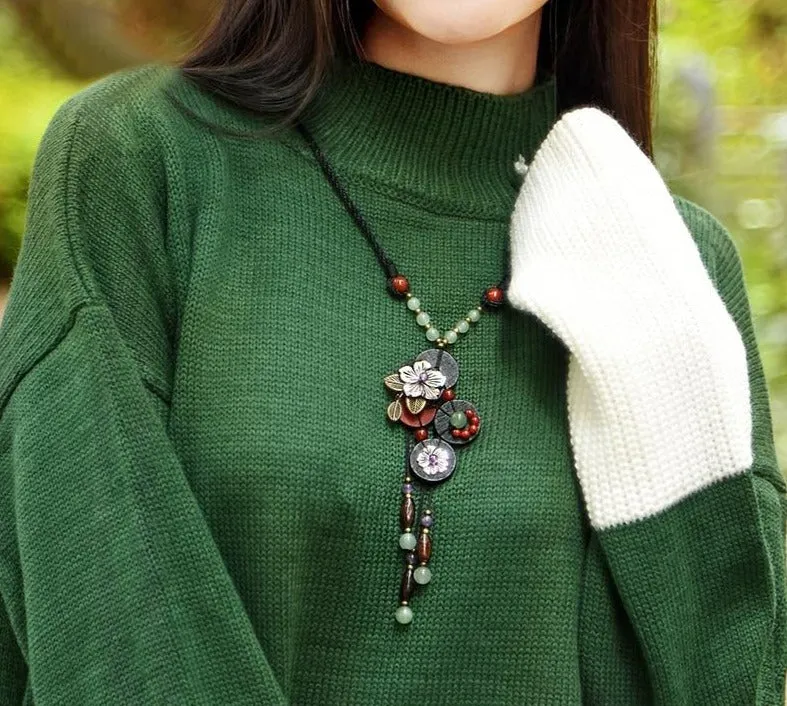 Long pendants wooden necklace shell flowers, purple crystal  ethnic exotic Necklace