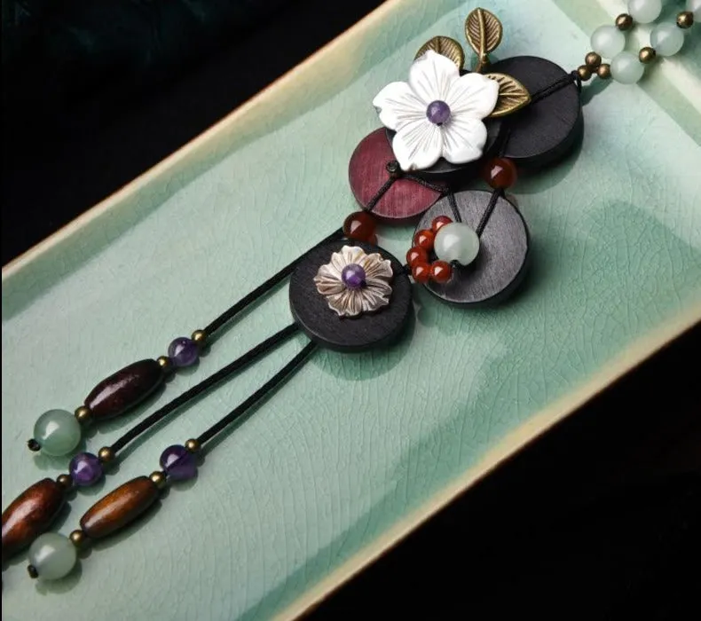 Long pendants wooden necklace shell flowers, purple crystal  ethnic exotic Necklace