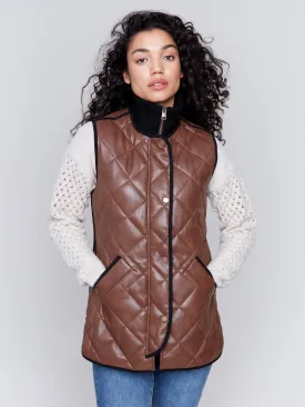 Long Quilted Faux Leather Vest - Brandy