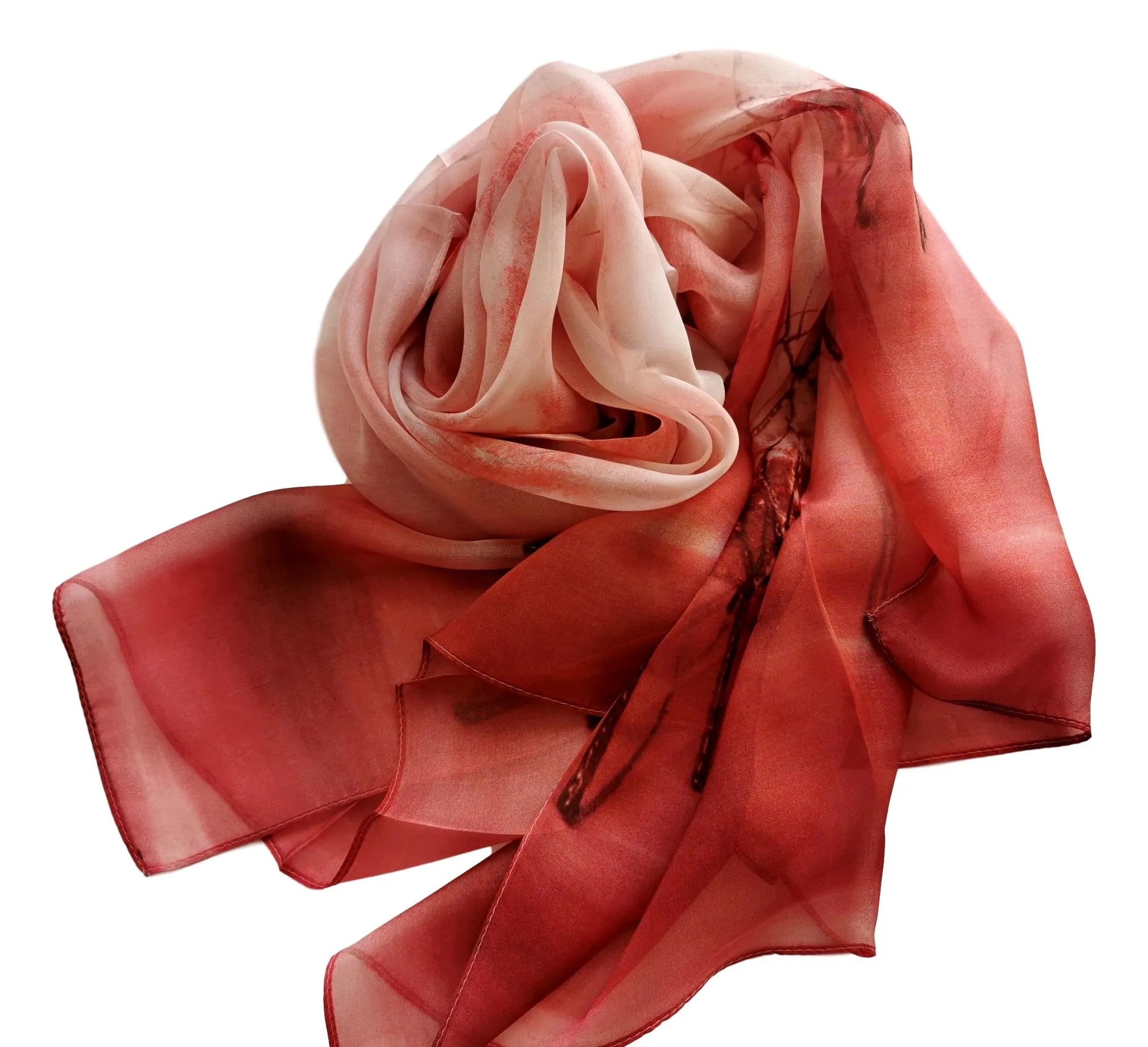 Long Silk Chiffon Scarf Red Theme Floral Print SCH316